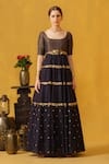 Buy_ABSTRACT BY MEGHA JAIN MADAAN_Blue Kota Zari Embellished Metal Applique Scoop Neck Floral Anarkali _at_Aza_Fashions