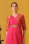 ABSTRACT BY MEGHA JAIN MADAAN_Pink Brocade Woven Floral V Neck Kurta _Online_at_Aza_Fashions