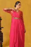 Shop_ABSTRACT BY MEGHA JAIN MADAAN_Pink Brocade Woven Floral V Neck Kurta _Online_at_Aza_Fashions