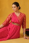 ABSTRACT BY MEGHA JAIN MADAAN_Pink Brocade Woven Floral V Neck Kurta _at_Aza_Fashions