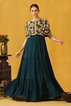 Buy_ABSTRACT BY MEGHA JAIN MADAAN_Green Silk Embellished Floral Applique Round Tiered Dress With Cape _at_Aza_Fashions