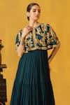 ABSTRACT BY MEGHA JAIN MADAAN_Green Silk Embellished Floral Applique Round Tiered Dress With Cape _Online_at_Aza_Fashions