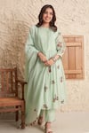 Buy_Samatvam by Anjali Bhaskar_Green Chanderi Embroidery Floral Round Adhira Pleated Kurta And Pant Set _at_Aza_Fashions