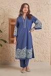 Buy_Samatvam by Anjali Bhaskar_Blue Cotton Poplin Embroidery Floral V-neck Ira Cutwork Kurta With Pant _at_Aza_Fashions