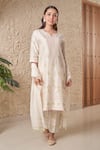 Buy_Samatvam by Anjali Bhaskar_Ivory Chanderi Embroidery Thread Notched Mala Straight Kurta And Pant Set _at_Aza_Fashions