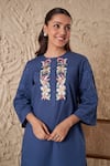 Shop_Samatvam by Anjali Bhaskar_Blue Cotton Poplin Embroidery Floral Round Navya Thread Yoke Kurta With Pant _at_Aza_Fashions