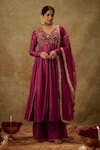 Buy_The Aarya_Purple Handwoven Chanderi Hand Embroidered Zardozi V-neck Floral Anarkali Set _at_Aza_Fashions