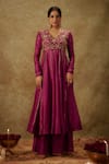 Shop_The Aarya_Purple Handwoven Chanderi Hand Embroidered Zardozi V-neck Floral Anarkali Set _Online_at_Aza_Fashions