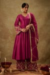 Buy_The Aarya_Purple Handwoven Chanderi Hand Embroidered Zardozi V-neck Kurta Palazzo Set _at_Aza_Fashions