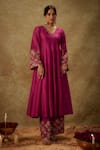 Shop_The Aarya_Purple Handwoven Chanderi Hand Embroidered Zardozi V-neck Kurta Palazzo Set _Online_at_Aza_Fashions