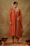 Buy_The Aarya_Orange Handwoven Chanderi Hand Embroidered Floral Kalidaar Kurta Palazzo Set _at_Aza_Fashions