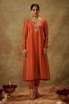 Buy_The Aarya_Orange Handwoven Chanderi Hand Embroidered Floral Kalidaar Kurta Palazzo Set _Online_at_Aza_Fashions