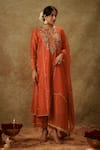 Buy_The Aarya_Orange Handwoven Chanderi Hand Embroidered Zardozi Cutout Kurta Palazzo Set _at_Aza_Fashions