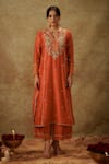 The Aarya_Orange Handwoven Chanderi Hand Embroidered Zardozi Cutout Kurta Palazzo Set _at_Aza_Fashions