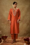 The Aarya_Orange Handwoven Chanderi Hand Embroidered Zardozi Cutout Kurta Pant Set _Online_at_Aza_Fashions