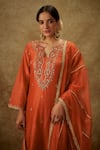 Buy_The Aarya_Orange Handwoven Chanderi Hand Embroidered Zardozi Cutout Kurta Pant Set _Online_at_Aza_Fashions