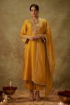 Buy_The Aarya_Yellow Handwoven Chanderi Hand Embroidered Zardozi Notched Kurta Pant Set _at_Aza_Fashions