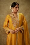 Shop_The Aarya_Yellow Handwoven Chanderi Hand Embroidered Zardozi Notched Kurta Pant Set _Online_at_Aza_Fashions