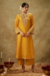 Buy_The Aarya_Yellow Handwoven Chanderi Hand Embroidered Zardozi Notched Kurta Pant Set 