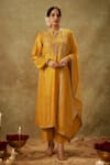 Buy_The Aarya_Yellow Handwoven Chanderi Hand Embroidered Zardozi Notched Kurta Pant Set _at_Aza_Fashions