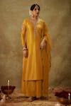 Buy_The Aarya_Yellow Handwoven Chanderi Hand Embroidered Zardozi V-neck Kurta Pant Set _at_Aza_Fashions