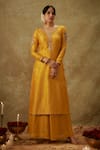 The Aarya_Yellow Handwoven Chanderi Hand Embroidered Zardozi V-neck Kurta Pant Set _Online_at_Aza_Fashions