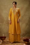 The Aarya_Yellow Handwoven Chanderi Hand Embroidered Zardozi V-neck Kurta Pant Set _Online_at_Aza_Fashions