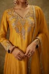 The Aarya_Yellow Handwoven Chanderi Hand Embroidered Zardozi V-neck Kurta Pant Set _at_Aza_Fashions