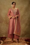 Buy_The Aarya_Pink Handwoven Chanderi Hand Embroidered Zardozi V-neck Leaf Kurta Palazzo Set _at_Aza_Fashions