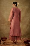 Shop_The Aarya_Pink Handwoven Chanderi Hand Embroidered Zardozi V-neck Leaf Kurta Palazzo Set _at_Aza_Fashions