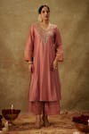 The Aarya_Pink Handwoven Chanderi Hand Embroidered Zardozi V-neck Leaf Kurta Palazzo Set _Online_at_Aza_Fashions