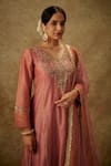 Buy_The Aarya_Pink Handwoven Chanderi Hand Embroidered Zardozi V-neck Leaf Kurta Palazzo Set _Online_at_Aza_Fashions