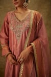 Shop_The Aarya_Pink Handwoven Chanderi Hand Embroidered Zardozi V-neck Leaf Kurta Palazzo Set _Online_at_Aza_Fashions