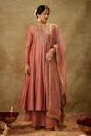 Buy_The Aarya_Pink Handwoven Chanderi Hand Embroidered Zardozi Notched Anarkali Set _at_Aza_Fashions