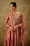 Buy_The Aarya_Pink Handwoven Chanderi Hand Embroidered Zardozi Notched Anarkali Set _Online_at_Aza_Fashions