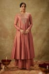 The Aarya_Pink Handwoven Chanderi Hand Embroidered Zardozi Notched Anarkali Set _at_Aza_Fashions