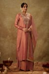 Buy_The Aarya_Pink Handwoven Chanderi Hand Embroidered Paisley Pattern Kurta Palazzo Set _at_Aza_Fashions