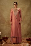 The Aarya_Pink Handwoven Chanderi Hand Embroidered Paisley Pattern Kurta Palazzo Set _Online_at_Aza_Fashions