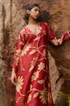 Shop_AAMRA BY LAVANYA_Maroon Linen Silk Hand Painted Floral Blunt V Kalamkari Kurta Pant Set _Online_at_Aza_Fashions