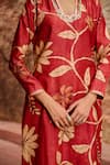 Buy_AAMRA BY LAVANYA_Maroon Linen Silk Hand Painted Floral Blunt V Kalamkari Kurta Pant Set 