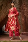 Shop_AAMRA BY LAVANYA_Maroon Linen Silk Hand Painted Floral Blunt V Kalamkari Kurta Pant Set 