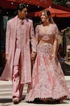 Shop_Jigar & Nikita_Pink Sherwani Raw Silk Embroidered Bead Floral Checkered Pant Set _Online_at_Aza_Fashions