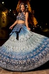 Buy_Jigar & Nikita_Blue Linen Silk Geometric Crystal Embellished Panel Bridal Lehenga With Blouse 