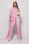 Buy_Veera Wear_Multi Color Cotton Print Candy Striped Henley Neck Jacket With Pant _at_Aza_Fashions