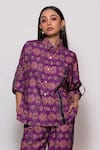 Shop_Veera Wear_Purple Cotton Print Damask Bloom Collar Neck Shirt With Pant _Online_at_Aza_Fashions