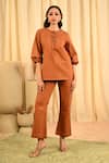 Buy_Veera Wear_Brown Cotton Stitchline Round Neck Work Front Tie Up Tunic With Pant _at_Aza_Fashions