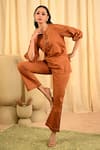 Buy_Veera Wear_Brown Cotton Stitchline Round Neck Work Front Tie Up Tunic With Pant _Online_at_Aza_Fashions