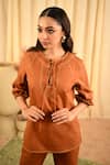 Veera Wear_Brown Cotton Stitchline Round Neck Work Front Tie Up Tunic With Pant _at_Aza_Fashions