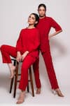 Buy_Veera Wear_Red Armani Embellished Nalki High Neck Noodle Patch And Sleeves Top With Pant _Online_at_Aza_Fashions