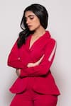 Veera Wear_Red Armani Embellished Mesh Camp Collar Sleeve Panel Blazer With Pant _Online_at_Aza_Fashions